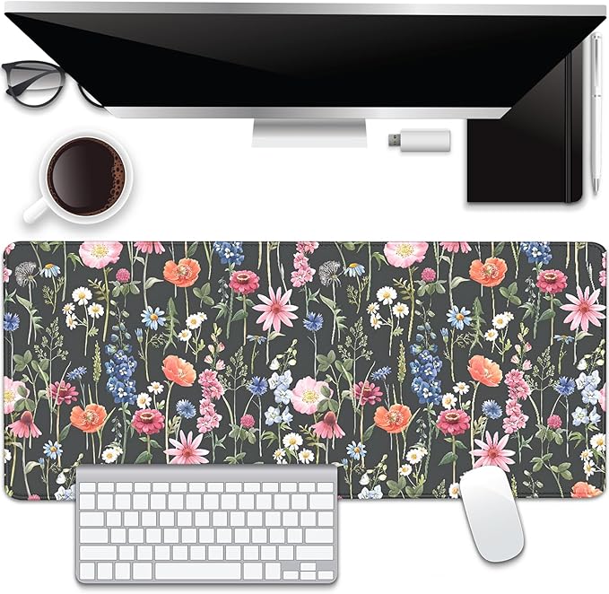 Black Background Watercolor Flowers Desk Pad Mouse Pad,Large Floral Mouse Mat with Stitched Edges,Non-Slip Rubber Base Mousepad for Office PC Keyboard Laptop and Home Work Desk Mat(27.5X11.8 in)