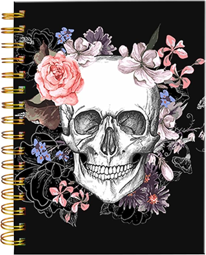 iampanda Spiral Journal Notebook,Strong Twin-Wire Binding with Premium Paper for Girl Women,Pink Floral 60 Sheets A5 College Ruled Notebook/Journal,Perfect for School Office Home Gifts,Cool Skull