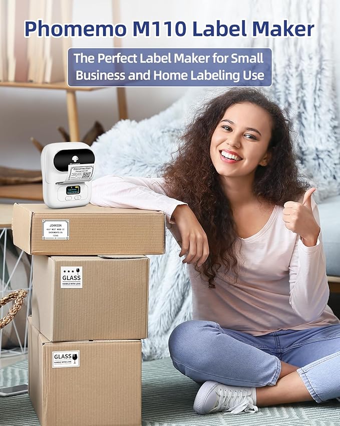 Phomemo Label Printer - M110 Address Label Maker Bluetooth Thermal Portable Label Maker Machine for Small Business, Barcode, Cable, Retail, Clothing, Barcode Printer Compatible with Phones & PC, White