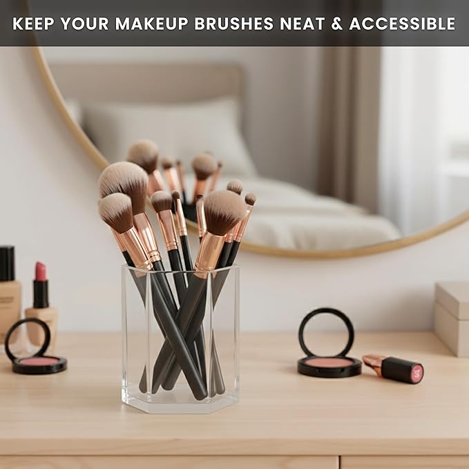 Acrylic Pen Holder for Desk | Hexagonal Cute Pen Holder | Multipurpose Clear Acrylic Makeup Organizers, Clear Toothbrush Holder Cups & Pencil Cups for Classroom, Office Desk Accessories