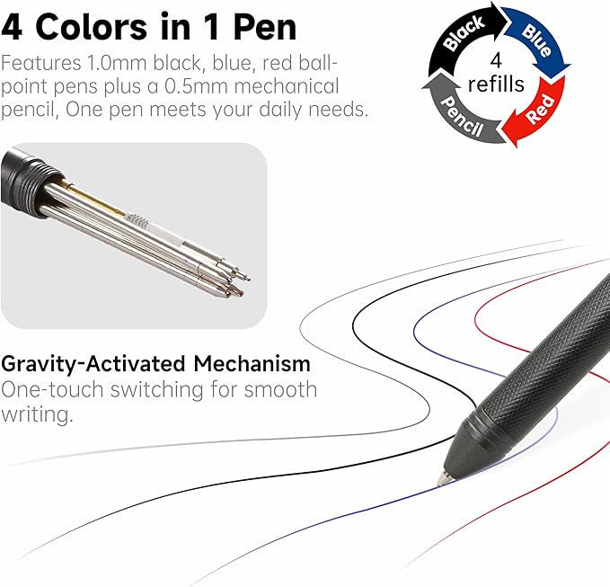 Shuttle Art 4 in 1 Multicolor Pen, 2 Pack Retractable Ballpoint Pens with 1.0mm Black Blue Red Ink and 0.5mm Mechanical Pencil, Multifunction Pens Gift Set for Writing Note Taking School Office Home