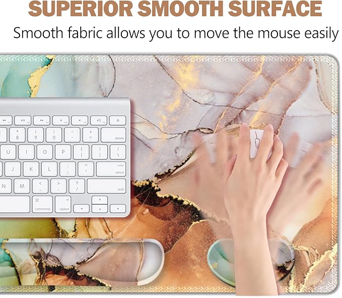 ARTSO Large Gaming Mouse Pad, Keyboard Wrist Rest Pad & Wrist Support Mousepad Set, Stitched Edge, Extended, Non-Slip Base, Memory Foam Desk Mat for Office, Home, Abstract Art Marble