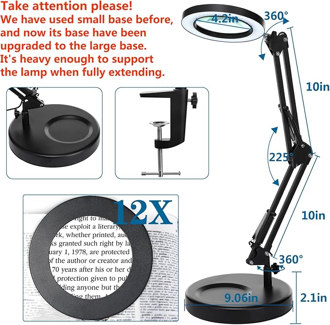 HITTI 【Upgraded 12X LED Magnifying Lamp, 1,800 Lumens Stepless Dimmable, 3 Color Modes, 8-Diopter 4.2″ Real Glass Lens Magnifier Desk lamp, Magnifying Light and Stand for Crafts Reading Close Work