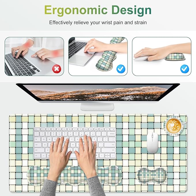 Desk Mat Gaming Mouse Pad, Cute Desk Matt Keyboard Wrist Rest for Desktop, Anti-Slip Mousepad Stitched Edges, XXL Large Mouse Pad with Wrist for Desk Computer I Green Woven Plaid Pattern
