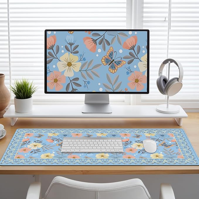 Blue Floral Desk Mat, Large Desk Matt for Desktop, Cute Women Deskpad Mat, XXL Big Mouse Pad for Deskpc, Anti-Slip Mousepad with Stitched Edges, Keyboard Pad Mouse pat Cover for Computer 35.4×15.7 in