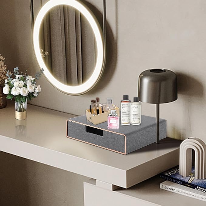 Desk Organizer with Drawer,Stackable Storage 1 Drawer Organizer,PU Leather Handmade Desktop Storage Drawers for A4 Paper/Magazine/Book/Filing/Jewelry/Makeup Home Decor Accessories,Grey