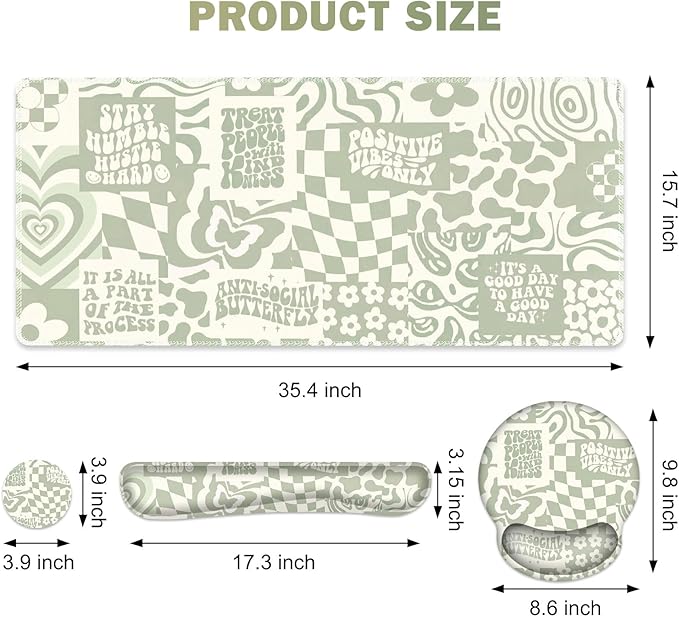 Large Desk Mat, Beige Gaming Mouse Pad, Desk Pad Protector, XXL Mousepad + Keyboard Wrist Rest+Mouse Wrist Rest+Coaster Set with Ergonomic Desk Pad for Home Office PC Computer, Retro Boho Aesthetic