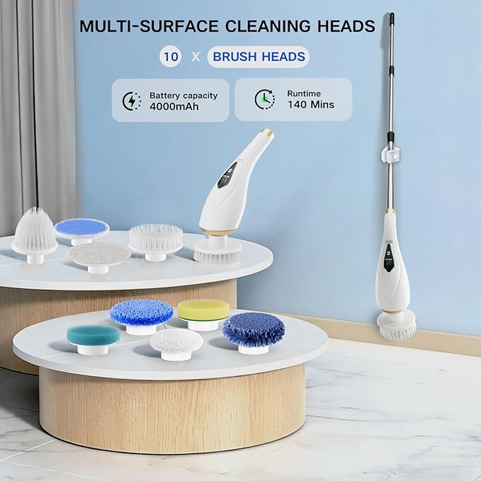 Hofenta Electric Spin Scrubber Cordless Shower Cleaning Brush with 10 Replaceable Brush Heads, Extendable Handle Up to 59", 2 Speed, Waterproof, 2H Cleaning Time for Bathroom Shower Tile Glass Car