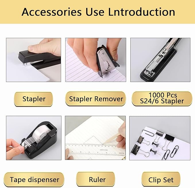 Office Supplies,Desk Accessories,Tape Holder,Stapler,Scissor,Staple Remover,Box of Binder Clips,Staples,Ballpoint Pen,Sticky Notes,Clear Tape,Ruler,Office Supplies Set(Black)
