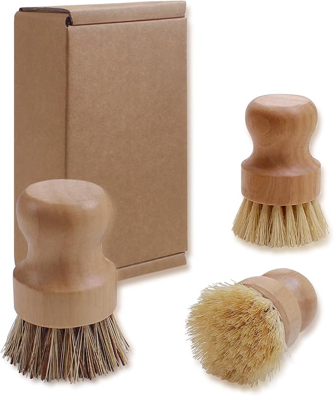 Wooden Dish Scrub - Natural Fiber Scrubber for Handle Kitchen Food & Dishes and Vegetable - 3 Pack