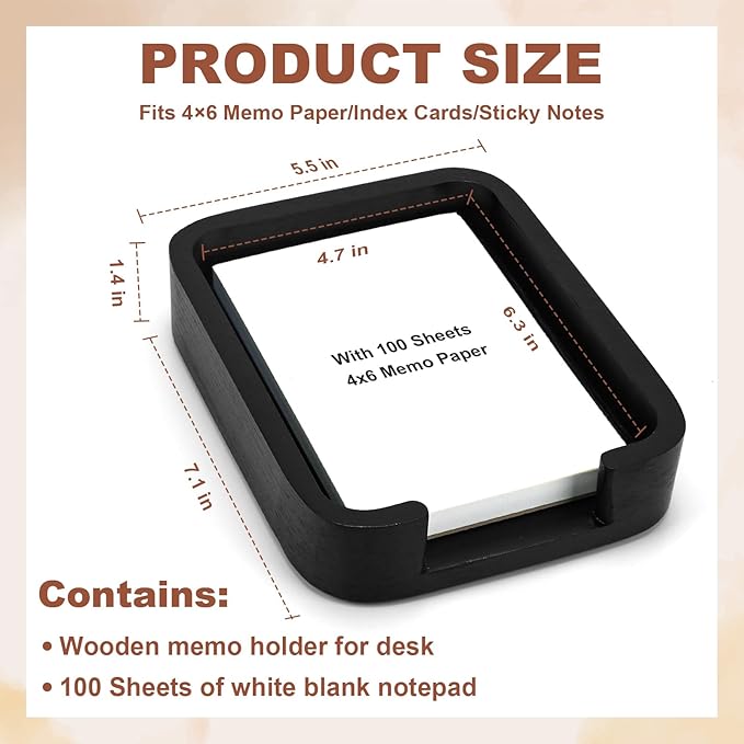 4x6 Memo Paper Holder Organizer for Desk Black Wooden Note Paper Tray with 100 Sheet Blank Memo Pads 4x6 Index Card Tray Black Wood Sticky Note Holder for Office Home School