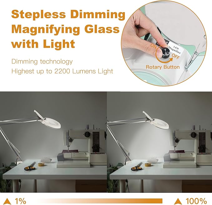 10X Magnifying Glass with Light and Stand,LED Dimmable Lighted Desk Lamp with Clamp,Magnifier Hands Free-Adjustable Stainless Steel Arm,for Crafts Hobbies Reading Painting Sewing Diamond Close Work