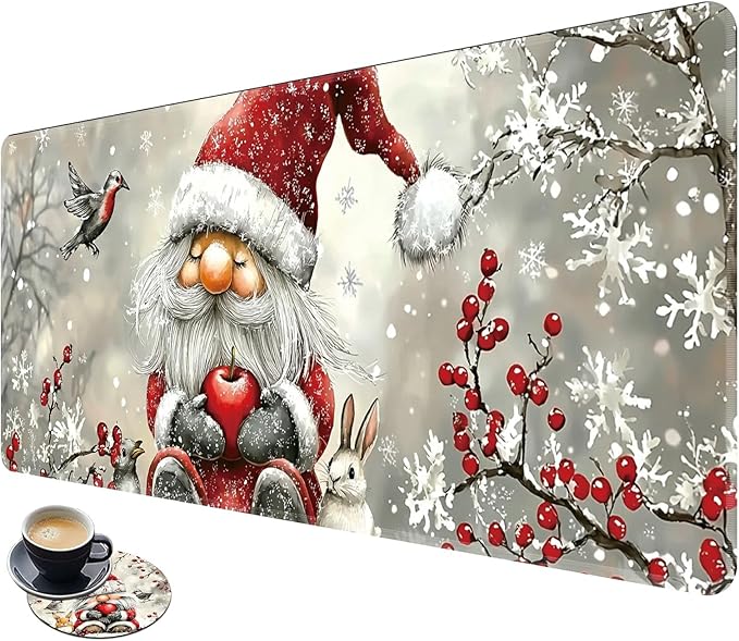 Desk Mat Large Gaming Mouse Pad (31.5x11.8 inch) with Stitched Edges, XL Mouse Pad +Coaster, Extended Mouse Mat Keybroad Mousepad Non-Slip Rubber for Gamer Men Women, Winter Santa Claus