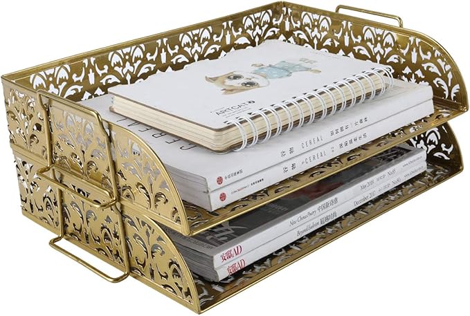 EasyPAG Paper Organizer for Desk 2 Tier Stackable Paper Tray for A4 Legal Size Folders Metal File Storage Desktop Organizer for Home Office School Teacher, Gold