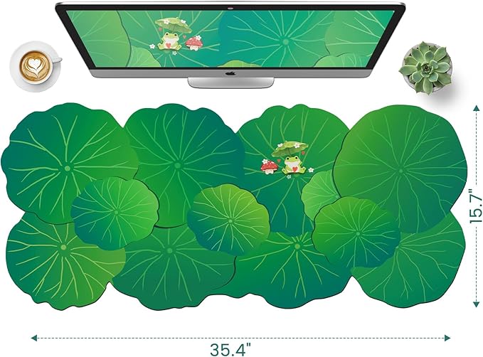 HAOCOO Cute Frog Desk Mat, Scalloped Desk Matt for Desktop, Large Mouse Pad for Desk, Non-Slip Keyboard Mat, Green Desk Mat with Stitched Edge, Kawaii Mouse Pad for Office (35.4" × 15.7")