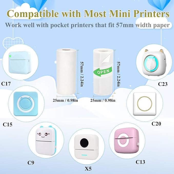 16 Rolls Mini Thermal Printer Paper, Including 6 Sticker Paper & 10 Plain Paper Rolls for Mini Portable Printers, 57X25 mm, Suitable for Various Inkless Sticker Printers