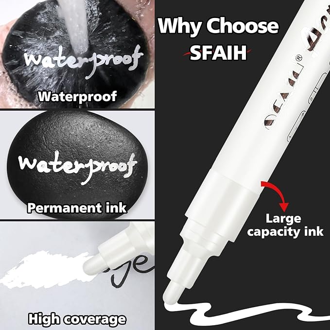 SFAIH Black & White Acrylic Paint Markers - 8 Pack 2-3MM Medium Tip & 0.7MM Extra Fine Paint Pens for Rock Painting, Wood, Metal, Fabric, Plastic, Canvas, Glass, Ceramic, Diy Crafts
