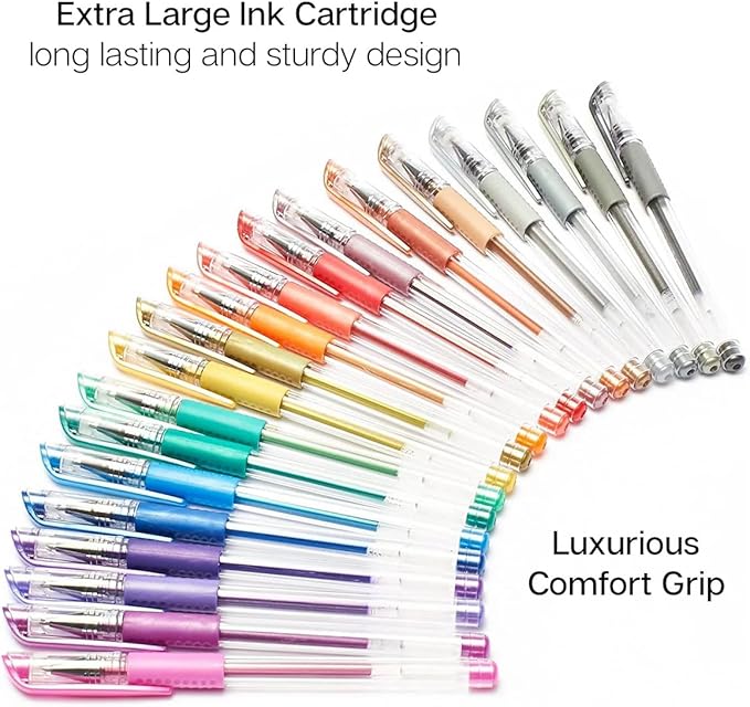 KINGART 400-20 Metallic Rollerball Gel Pens, Set of 20 Shiny Colors with Soft-Grip Comfort, XL Ink Cartridge - Ink, Great for All Ages, Writing, Coloring, Doodling, Scrapbooking, Journaling & More