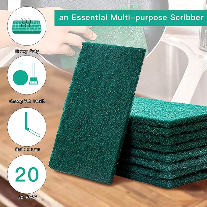 GUEICN Heavy Duty Scour Pads Sponge Dish Scrubber Non-Scratch Green Reusable Household Scrub Pads for Kitchen and Dish Cleaning Tool (20Pcs Sponge+3Pcs Clean Towel)