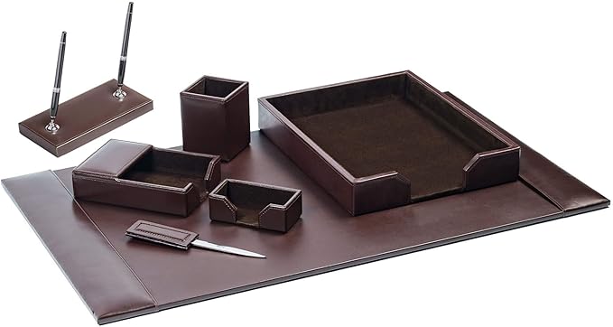 Dacasso Bonded Set Luxury Leather Desk Pad & Desk Organization Essentials, 7 Piece, Dark Brown
