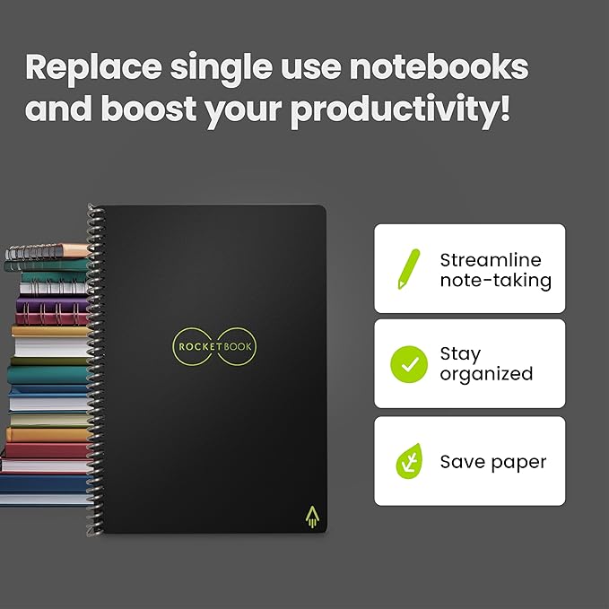 Rocketbook Core Reusable Spiral Notebook, Executive Size 6x8.8, Black - Lined Pages, App-Connected, Erasable, Durable Cover, Ideal for School, Work, and Creative Projects