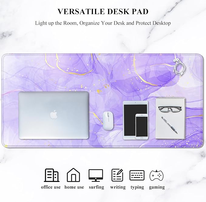Auhoahsil Large Mouse Pad, XXL Gaming Mousepad, Desk Mat for Desktop, Thick Rubber, Big & Long Size, Stitched Edges, Full Desk Pad for Laptop & Computer, Extended 35.4 x 15.7 in, Purple Gold Marble