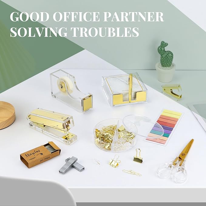Buqoo Gold Acrylic Sticky Notes Holder Stapler and Tape Dispenser Cutter with Staple Remover, Sticky Notes, Paper Clips, Scissor, Ballpoint Pen for School Home N Office Supplies
