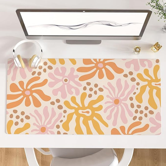 Colorful Star Large Mouse Pad, PU Leather Waterproof Desk Mat, Computer Gaming Mouse Pad, XXL Full Desk Mousepad Non Slip Desk Pad for School Office Home 31.5" x 15.7" - Wavy Flowers