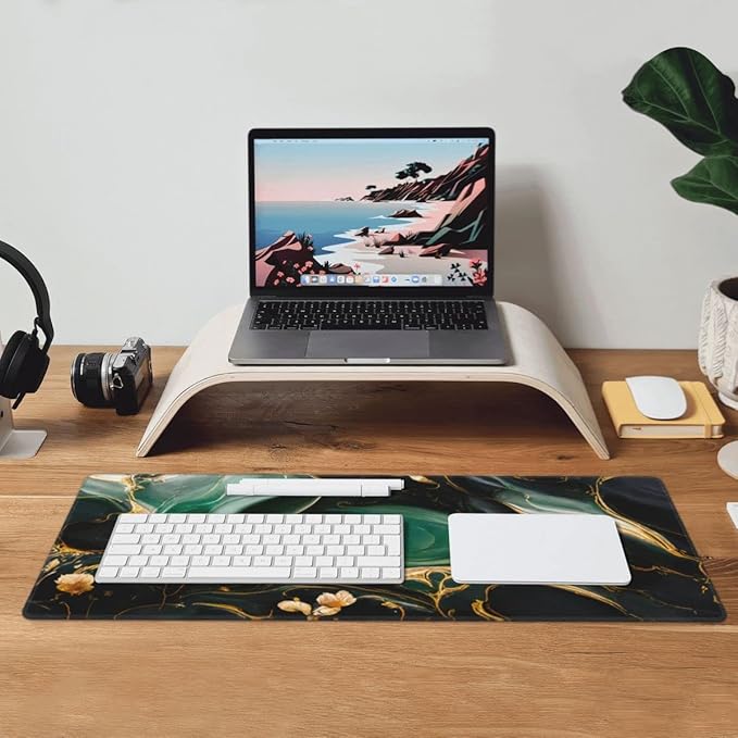 Desk Pad,Office Desk Mat 31.5"×11.8" Large Gaming Mouse Pad,Extended Computer Mouse Pad,Waterproof Thick Big Mouse Pads with Non-Slip Rubber Base Office Home Green Gold Marble Flower