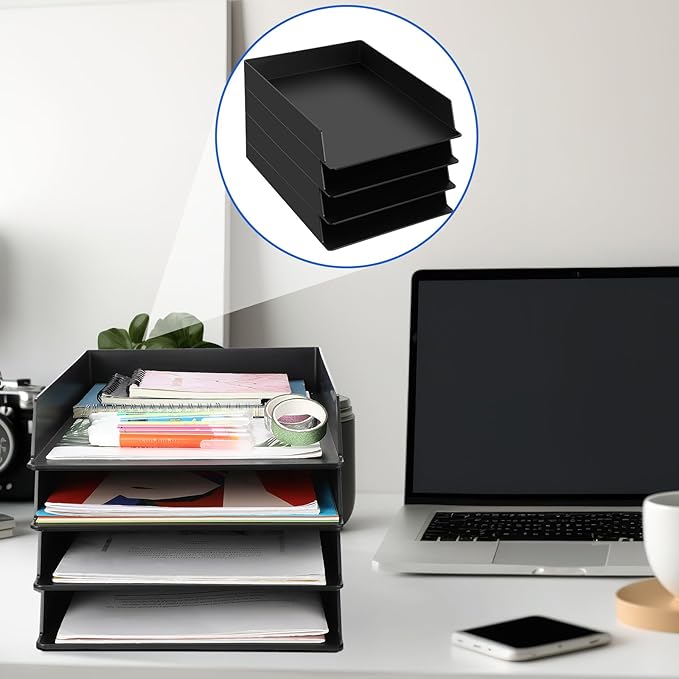 Wenqik 6 Pcs Stackable Paper Trays Rectangular Plastic Desk Holder Desktop Document File Organizer Storage Letter for Office Classroom (Black)