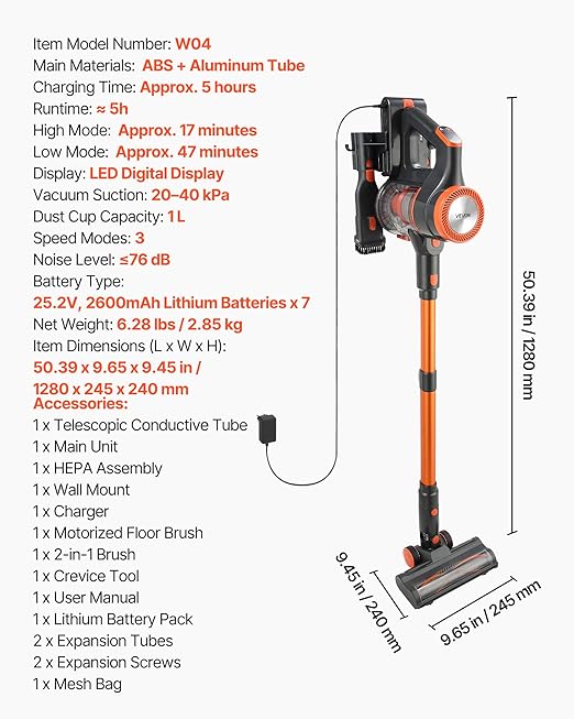 VEVOR Cordless Vacuum Cleaner, 40KPA Max Suction, Rechargeable Anti-Tangle Stick Vacuum with LED Display Screen, Lightweight Handheld Vac with 47mins Runtime for Home, Carpet, Pet Hair, Hard Floor