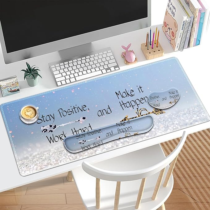 Desk Mat, Gaming Mouse Pad Wrist Rest Support Combo, XXL Large Mousepad + Keyboard Wrist Support +Mouse Wrist Rest+Coaster Set with Ergonomic Design 4in1 for Home Office, Stay Positive Blue