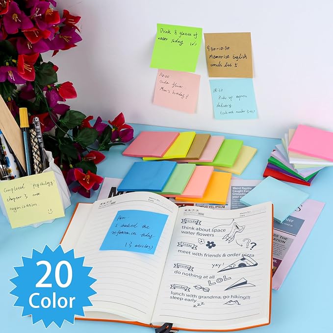 100 Pack Sticky Notes Bulk 3 x 3 in Self-Stick Note Pads Colorful Posted Note in 20 Colors Adhesive Paper Memo 50 Sheets/Pad Easy to Post for Office Home School Meetings Notebook Wall Door Window