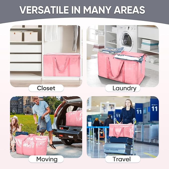 TICONN 8 Pack Extra Large Moving Bags with Zippers & Carrying Handles, Heavy-Duty Storage Tote Moving Boxes for Space Saving (8 Pack, Coral)