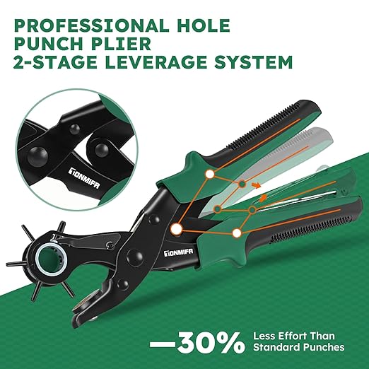 Professional Leather Hole Punch Plier - Tonmifr Heavy Duty 6 Sizes Belt & Watch Band Hole Puncher Tool, Leather Craft Tool for Belts, Handbags, Straps, Cardboard, Precision Ground Punches with Non-Sli