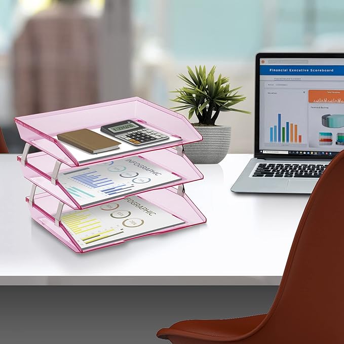 Acrimet Facility 3 Tier Letter Tray, Side Load, Letter Size/A4, Desktop File Organizer, Plastic (Clear Pink Color)