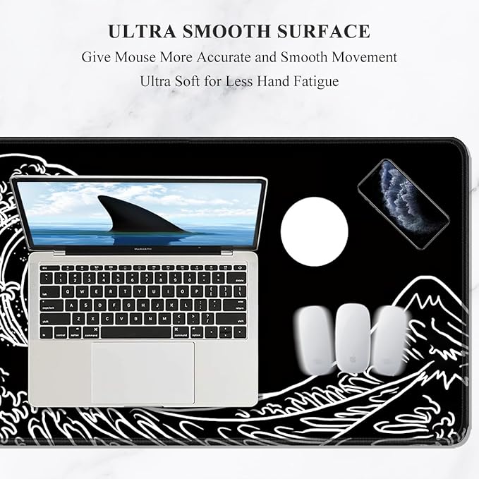 Auhoahsil Large Mouse Pad, XXL Gaming Mousepad, Desk Mat for Desktop, Thick Rubber, Big & Long Size, Stitched Edges, Full Desk Pad for Laptop & Computer, Extended 35.4 x 15.7 in, Black Great Wave