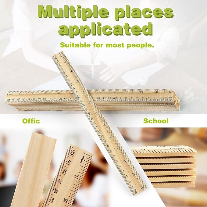 ZZTX 3 Pack Wooden Ruler 12 Inch Rulers Bulk Wood Measuring Ruler for Students Office School Supplies 2 Scale (30 cm)