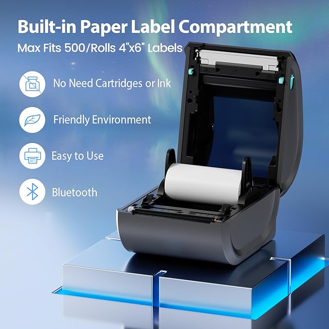 Bluetooth Thermal Label Printer 4x6 - D520BT Thermal Shipping Label Printer for Small Business, Wireless Label Printer with Built-in Label Holder, Compatible with USPS, Shopify