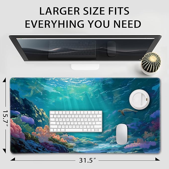 Sea Turtles Large Gaming Mouse Pad 31.5"x15.7"｜ Ocean Scene XXL Desk Mat, Non-Slip Rubber Base & Stitched Edges - Extended Waterproof Mousepad for PC/Laptop/Office/Home Decor