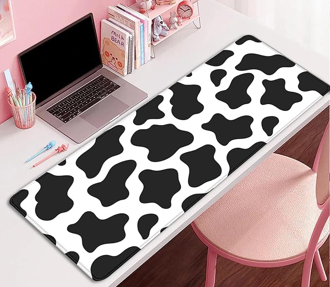 Cow Print Desktop Mouse Pad,Desk Mouse Mat with Non-Slip Stitched Edges,Desk Pad Mouse Pad for Laptop PC,Keyboard Mouse Mat Desk Pad for Home Work Office(27.5X11.8 in)