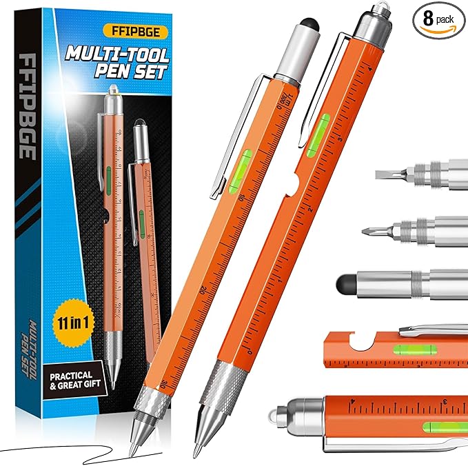 Christmas Stocking Stuffers for Men Adults, 2 Pack Multi-Tool Pen Set, 11 in 1 Multitool Pen with LED Light, Ruler, Level, Screwdriver, Stylus, Flathead, Birthday Gifts for Men, Husband, Him, Orange