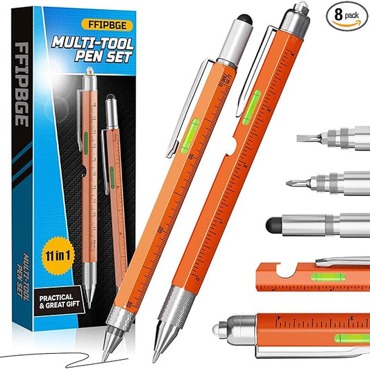 Christmas Stocking Stuffers for Men Adults, 2 Pack Multi-Tool Pen Set, 11 in 1 Multitool Pen with LED Light, Ruler, Level, Screwdriver, Stylus, Flathead, Birthday Gifts for Men, Husband, Him, Orange