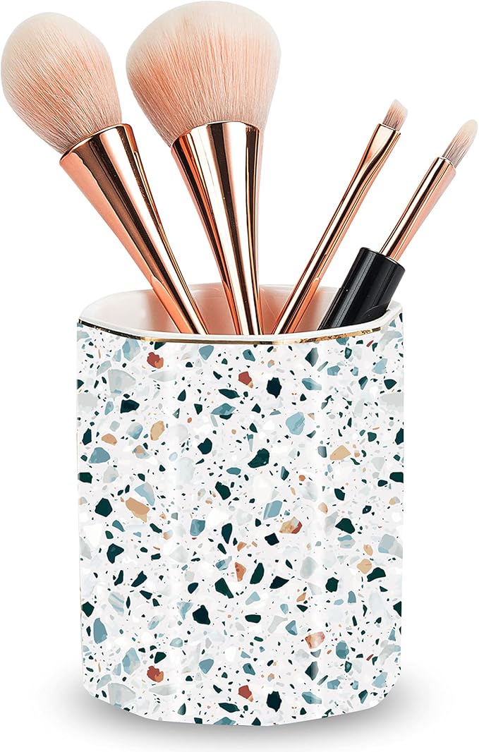 Pen Holder, Makeup Brush Holder Ceramic Shiny Gold Terrazzo Marble Stone Pattern Pencil Cup for Girls Kids Women Durable Stand Desk Organizer Storage Gift for Office, Classroom, Home Light Blue