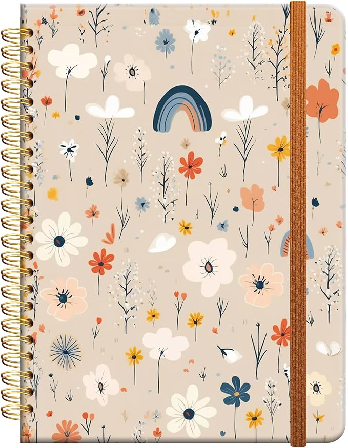 Ruled Spiral Writing Notebook,A5 Hardcover Lined College Journal for Women Lady Girl,Strong Twin-Wire Binding with Premium Paper,8.4" X 6",Perfect for School,Office,Home Gifts(rainbow flower