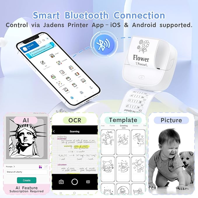 JD-23 Sticker Printer, Mini Portable Thermal Printer Print Pod, Inkless Bluetooth Label Maker with Smart App for Phone & Tablet for Office & Home Use, 2 Rolls Sticker Paper, White