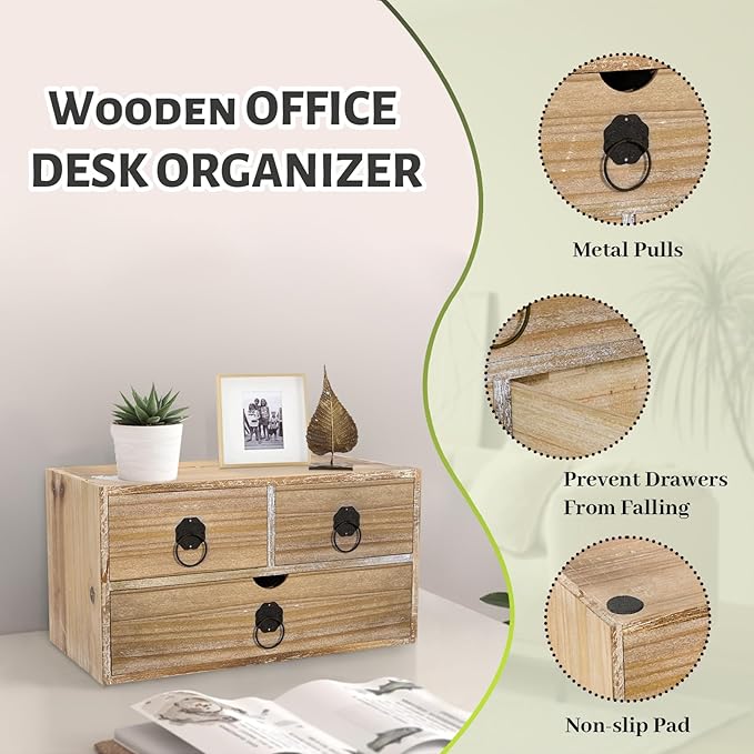 Washed White Wood Desk Organizer, Mini Desktop Organizer with Drawers, Tabletop Storage Organization for Home Office Supplies Vanity, No Assembly Required (3 Drawer)