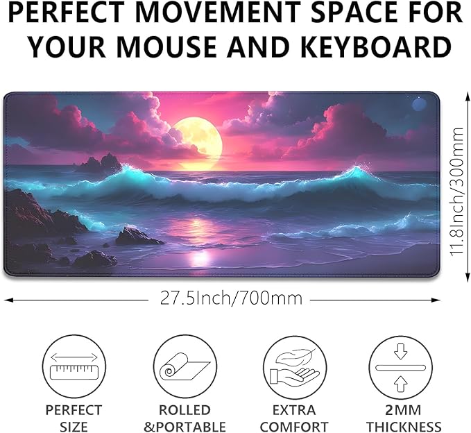 Colorful Clouds Sunset Waves Extended Desk Pad Mouse Pad,Stitched Edges Non-Slip Rubber Base XL Mouse Mat Desk Mat for Office Home Work Mousepad(27.5X11.8 Inch)