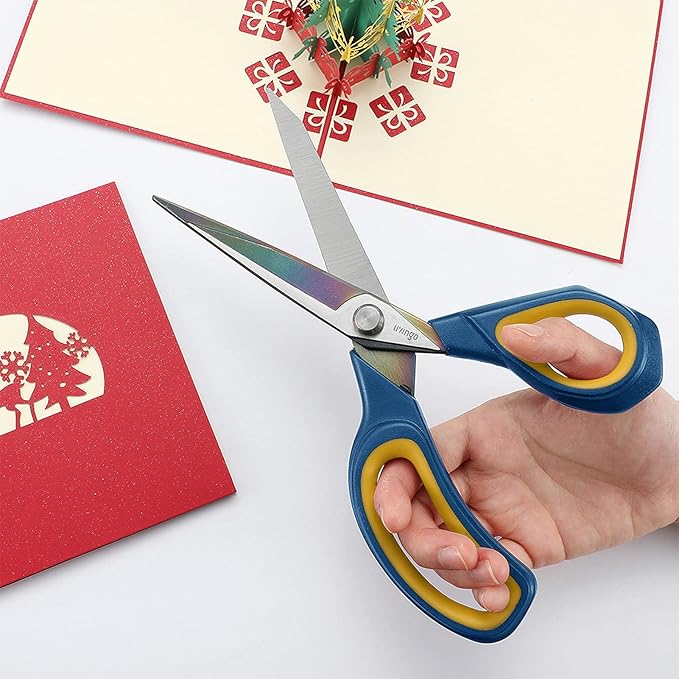 LIVINGO 8.5” Premium Fabric Scissors, Heavy Duty All-Purpose Titanium Coating Forged Stainless Steel Sharp Sewing Tailor Dressmaking Shears Comfort Grip Crafting Leather Cutting, Navy Blue/Yellow