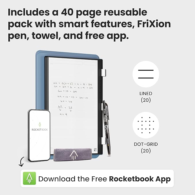 Rocketbook Pro 2.0 Reusable Professional Smart Notebook, Executive Size 7x9, Steel Blue - Lined & Dot Grid Pages, App-Connected, Erasable, Premium Cover, Ideal for Work Notes and Business Meetings
